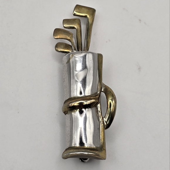 Handmade Vintage Golf Club Caddy Brooch Pin Clubs Move Silver & Gold Tone - Picture 3 of 9
